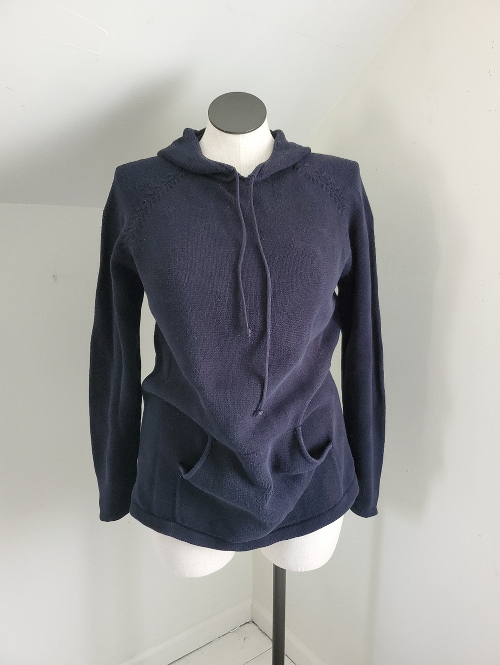 90s Vintage Lands End Navy Blue Cotton Knit Hoodie